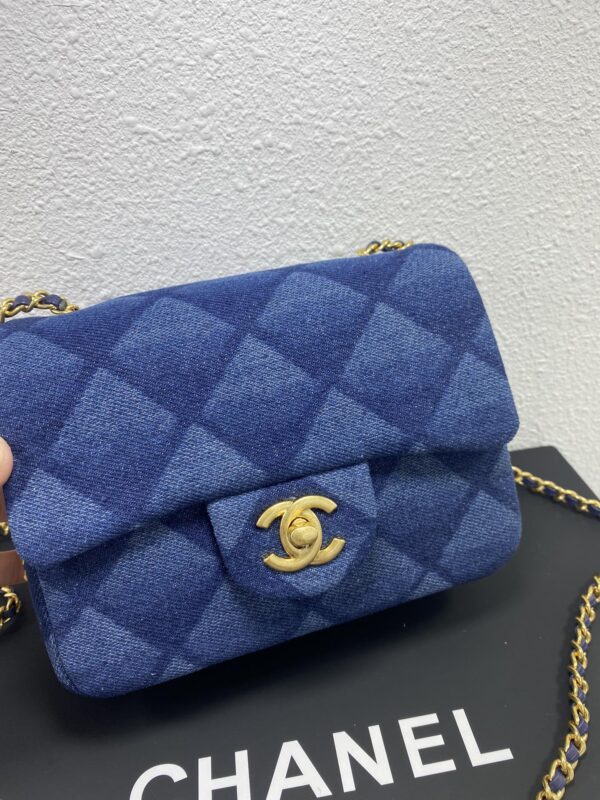 CHANEL TOP HANDLE MINI FLAP WITH CHAIN PRINTED DENIM DARK BLUE - Image 5