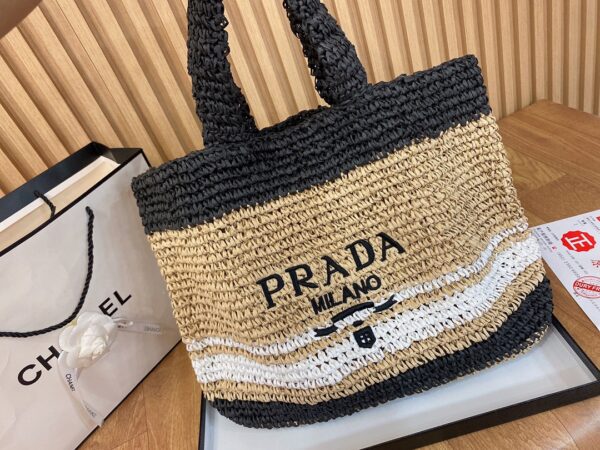 PRADA RAFFIA LARGE TOTE WITH BEIGE AND BLACK - Image 5