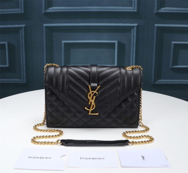 SAINT LAURENT ENVELOPE SMALL BAG IN MIX MATELASSÉ GRAIN DE POUDRE EMBOSSED BLACK GOLD 21CM 600195BOW911000 - Image 8
