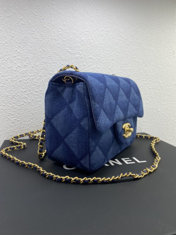 CHANEL TOP HANDLE MINI FLAP WITH CHAIN PRINTED DENIM DARK BLUE - Image 6
