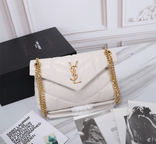 SAINT LAURENT PUFFER SMALL CHAIN BAG IN QUILTED WHITE GOLD 29CM 5774761EL079207 - Image 9