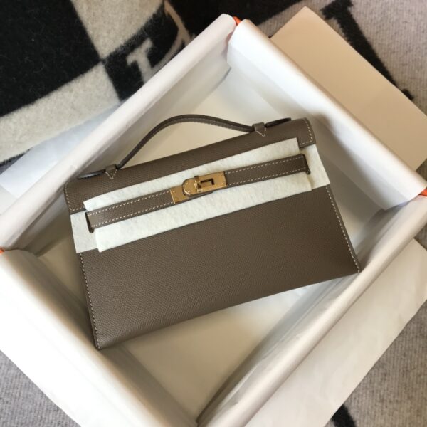HERMES MINI KELLY POCHETTE GOLD TONED HARDWARE DARK BEIGE 22CM - Image 3