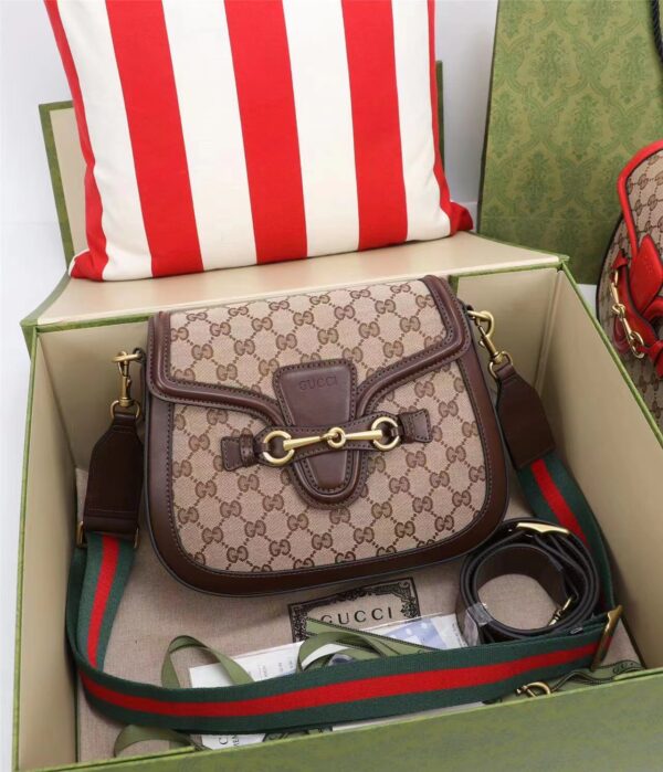 GUCCI LADY WEB ORIGINAL GG SHOULDER BAG BEIGE AND BROWN HAND STAINED LEATHER 25CM - Image 2