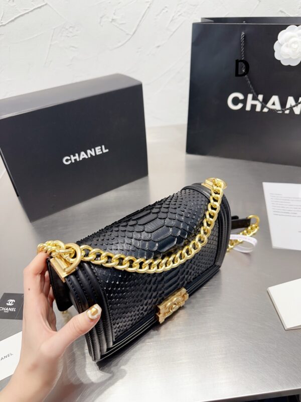 CHANEL BOY FLAP BAG SNAKE LEATHER BLACK 25CM - Image 6