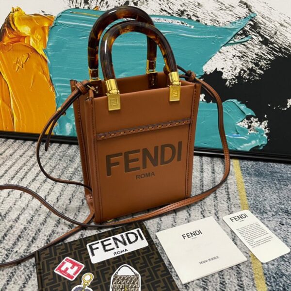 FENDI MINI SUNSHINE SHOPPER LEATHER BAG BROWN 18CM 8BS051 - Image 10