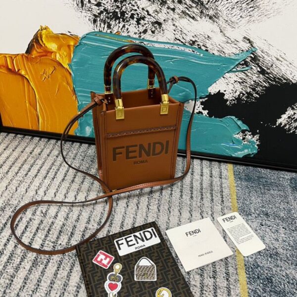 FENDI MINI SUNSHINE SHOPPER LEATHER BAG BROWN 18CM 8BS051 - Image 5