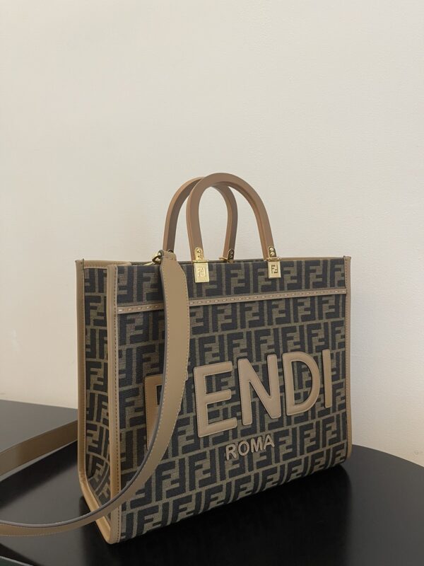 FENDI SUNSHINE MEDIUM LIGHT BROWN FF JACQUARD FABRIC SHOPPER 35CM - Image 5