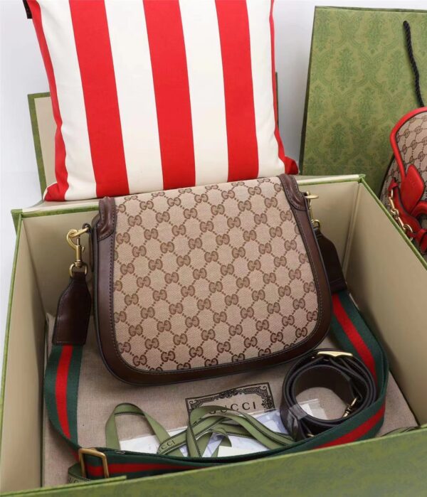 GUCCI LADY WEB ORIGINAL GG SHOULDER BAG BEIGE AND BROWN HAND STAINED LEATHER 25CM - Image 8