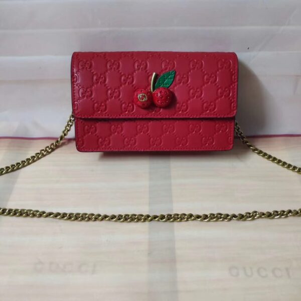 GUCCI GUCCISSIMA LEATHER MINI CHERRY CHAIN SHOULDER BAG RED 20CM - Image 9