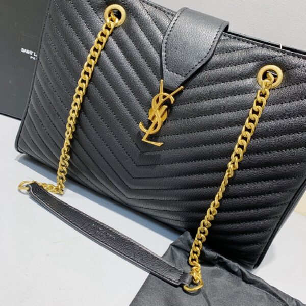 SAINT LAURENT BLACK GRAIN DE POUDRE MATELASSE CHEVRON MONOGRAM SHOPPING BAG GOLD HARDWARE - Image 6