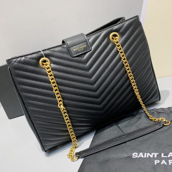 SAINT LAURENT BLACK GRAIN DE POUDRE MATELASSE CHEVRON MONOGRAM SHOPPING BAG GOLD HARDWARE - Image 5