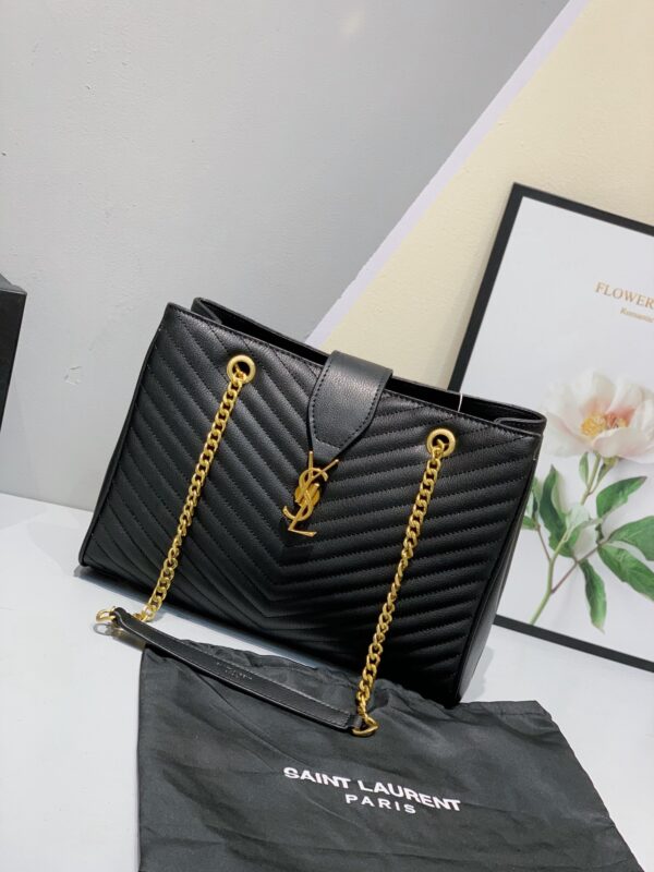 SAINT LAURENT BLACK GRAIN DE POUDRE MATELASSE CHEVRON MONOGRAM SHOPPING BAG GOLD HARDWARE - Image 7