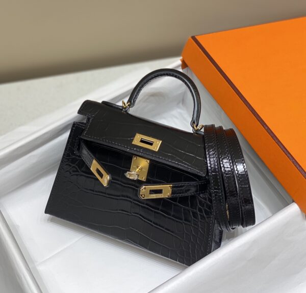 HERMES MINI KELLY CROCODILE GOLD-TONED HARDWARE BLACK 19CM - Image 6