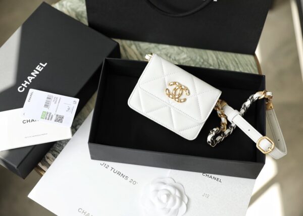 CHANEL 19 FLAP COIN PURSE WITH CHAIN WHITE 12CM - Image 2