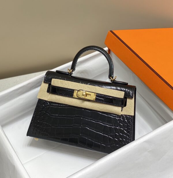 HERMES MINI KELLY CROCODILE GOLD-TONED HARDWARE BLACK 19CM - Image 8
