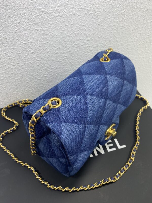 CHANEL TOP HANDLE MINI FLAP WITH CHAIN PRINTED DENIM DARK BLUE - Image 8
