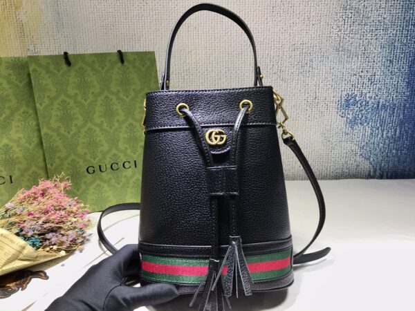 GUCCI LADIES OPHIDIA LEATHER BUCKET BAG IN BLACK 26CM 610846 CWG1G 1060 - Image 2