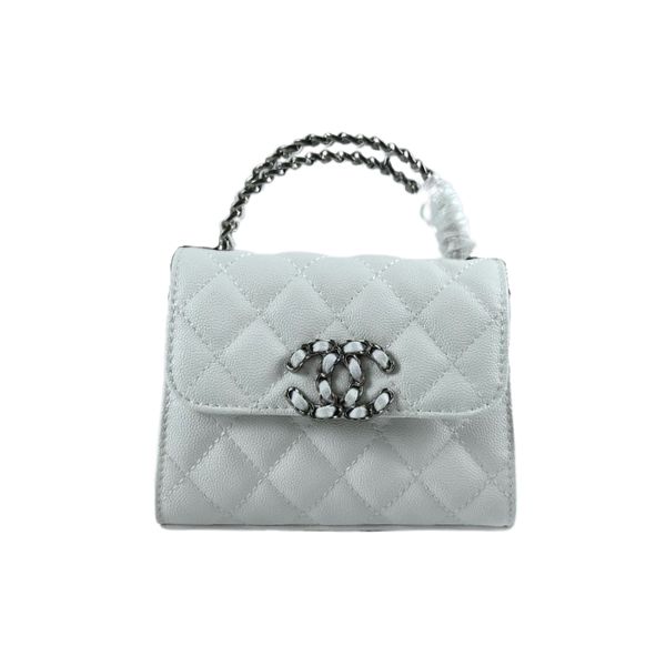 CHANEL TOP HANDLE CLUTCH WITH CHAIN IN CAVIAR SILVER HARDWARE WHITE 15CM
