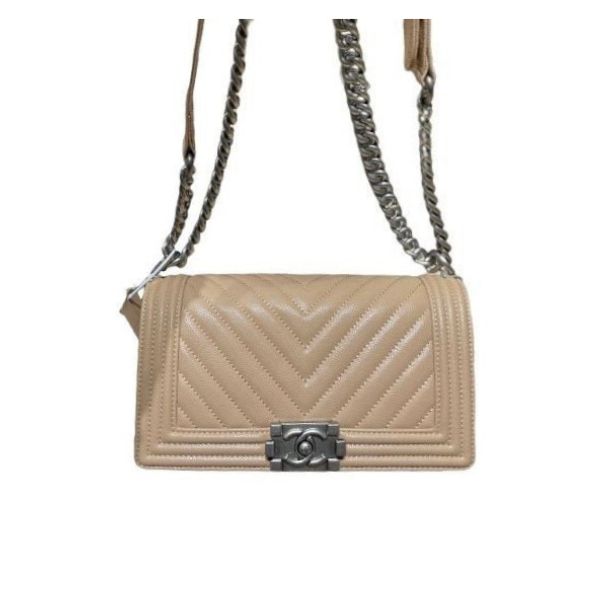 CHANEL BOY CAVIAR CHEVRON QUILTED FLAP BAG BEIGE 25CM