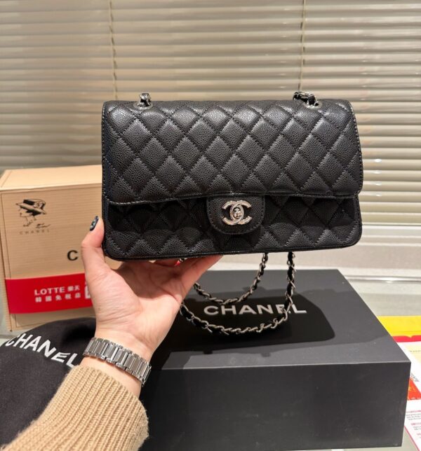 CHANEL MEDIUM CLASSIC FLAP BAG SILVER HARDWARE BLACK 26CM A01113 - Image 3