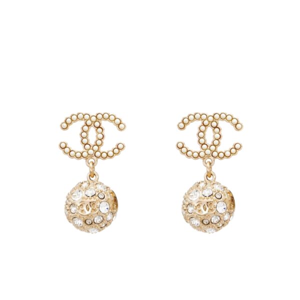 CHANEL NEW CC GOLD BALL CRYSTAL PEARL DROP EARRINGS