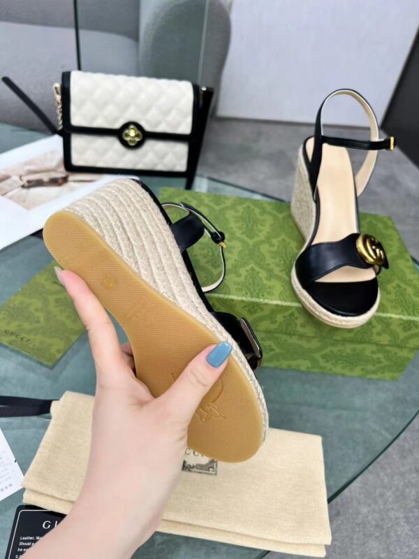 GUCCI LEATHER WEDGE ESPADRILLE SANDALS BLACK 8CM - Image 2