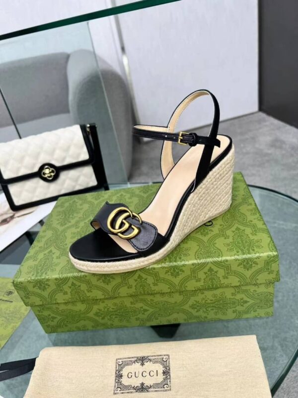 GUCCI LEATHER WEDGE ESPADRILLE SANDALS BLACK 8CM - Image 4