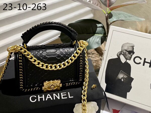 CHANEL BLACK PYTHON BOY BAG BLACK 20CM - Image 4