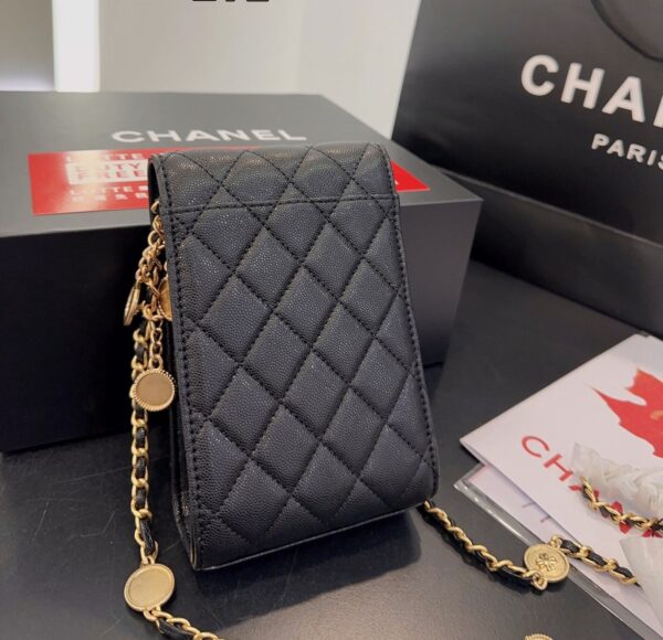 CHANEL PHONE HOLDER WITH CHAIN GRAIND GOLD BLACK 17CM - Image 5