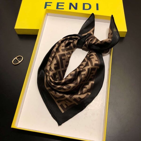 FENDI FF MOTIF SILK SQUARE SCARF BROWN BLACK - Image 5