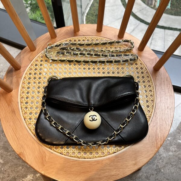 CHANEL LEATHER CUE BALL FOLDOVER BAG BLACK 26CM - Image 9