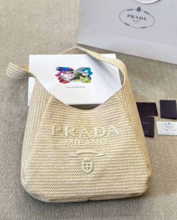 PRADA LOGO EMBOSSED RAFFIA SHOULDER BAG BEIGE 33CM 1BC186VOUO2A2T - Image 3