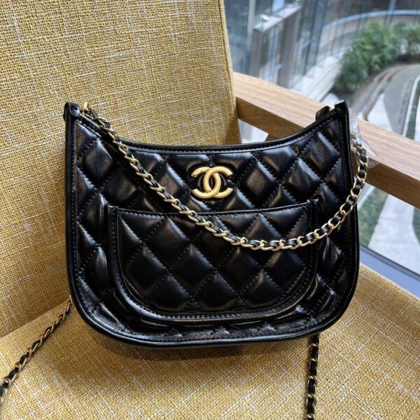 CHANEL HOBO HANDBAG GOLD TONE METAL BLACK 23CM AS4666 - Image 10