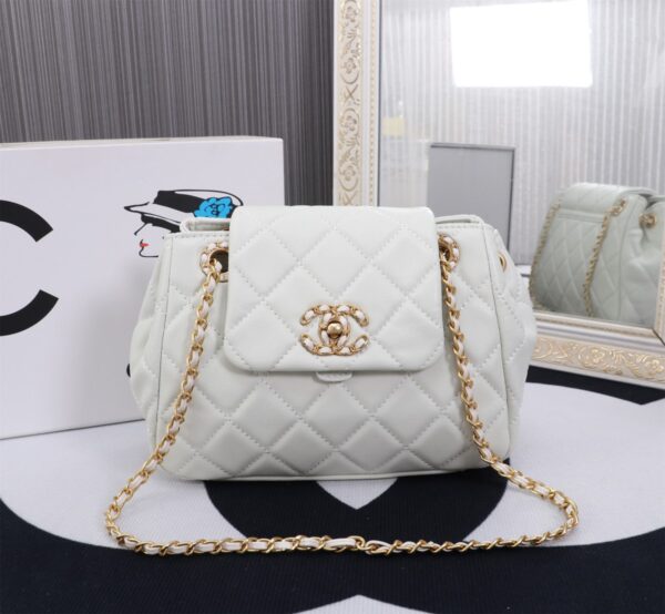 CHANEL MIX ACCORDION CC FLAP BAG QUILTED GLAZED LEATHER WHITE 23CM - Image 10