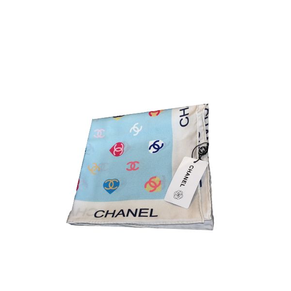 CHANEL CC HEARTS LETTER MONOGRAM LOGO BOW PRINT SCARF BLUE