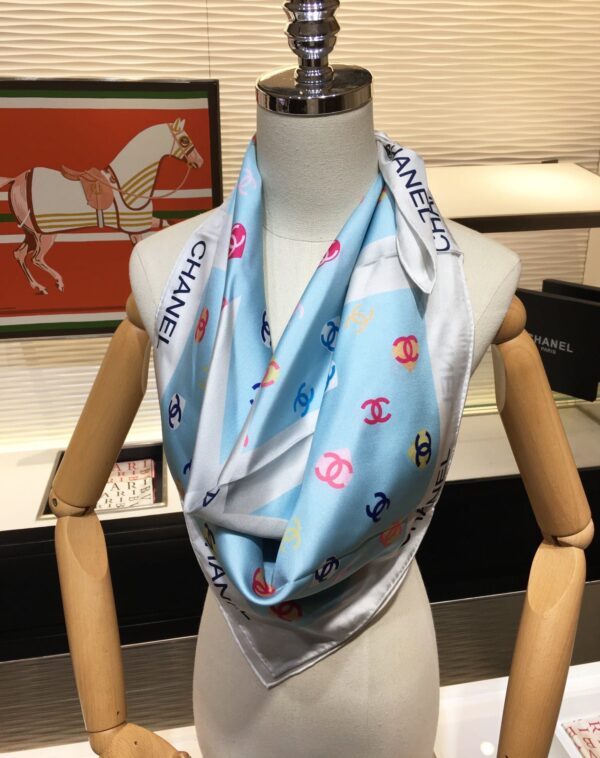 CHANEL CC HEARTS LETTER MONOGRAM LOGO BOW PRINT SCARF BLUE - Image 3