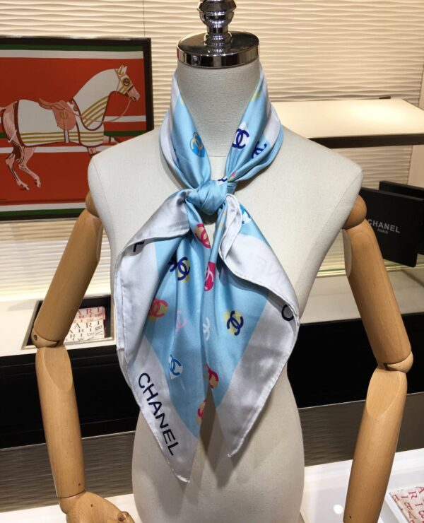 CHANEL CC HEARTS LETTER MONOGRAM LOGO BOW PRINT SCARF BLUE - Image 4