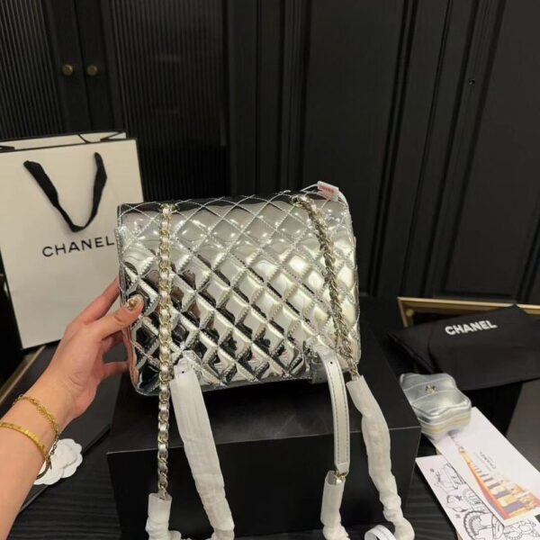 CHANEL FLAP BACKPACK AND STAR COIN PURSE METALLIC SILVER 23CM - Image 6