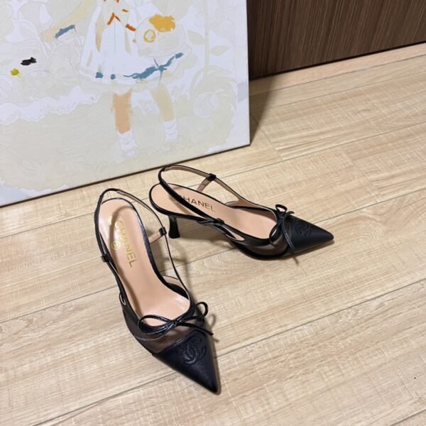 CHANEL CC LEATHER POINTY TOE PUMPS SLINGBACKS SANDALS BLACK - Image 9