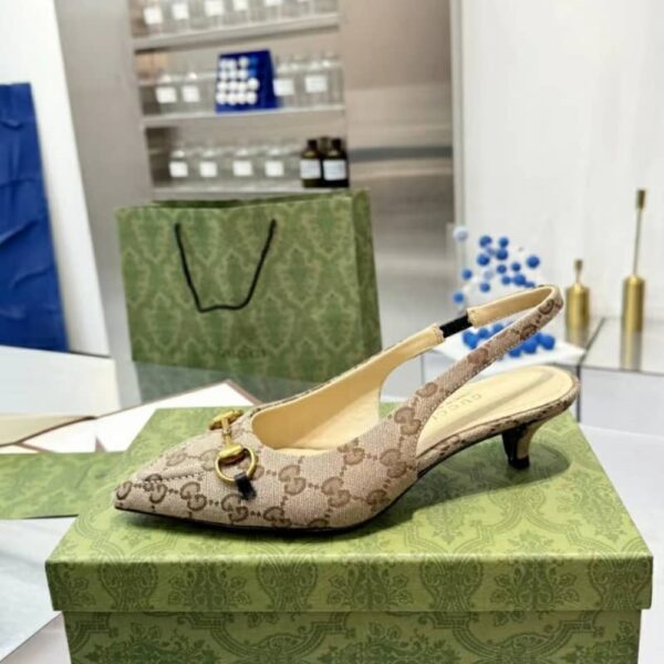 GUCCI WOMEN'S GG CANVAS SLINGBACK PUMP BEIGE AND EBONY ORIGINAL GG CANVAS 782627 2HK80 9763 - Image 2