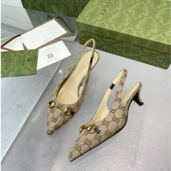 GUCCI WOMEN'S GG CANVAS SLINGBACK PUMP BEIGE AND EBONY ORIGINAL GG CANVAS 782627 2HK80 9763 - Image 4