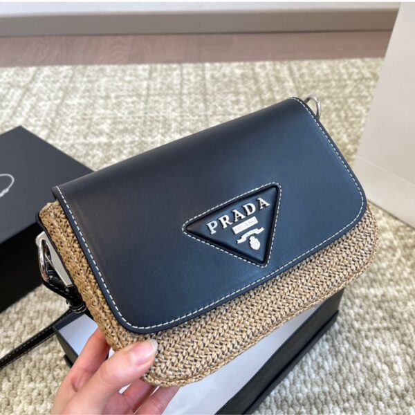 PRADA RAFFIA AND LEATHER CROSSBODY BAG NATURALE BLACK 20CM - Image 5