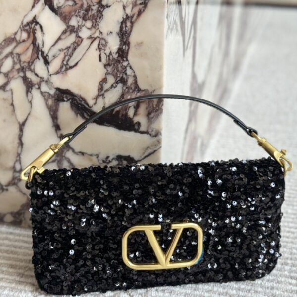 VALENTINO LOCO MEDIUM VLOGO SEQUINS SHOULDER BAG BLACK 26CM - Image 3