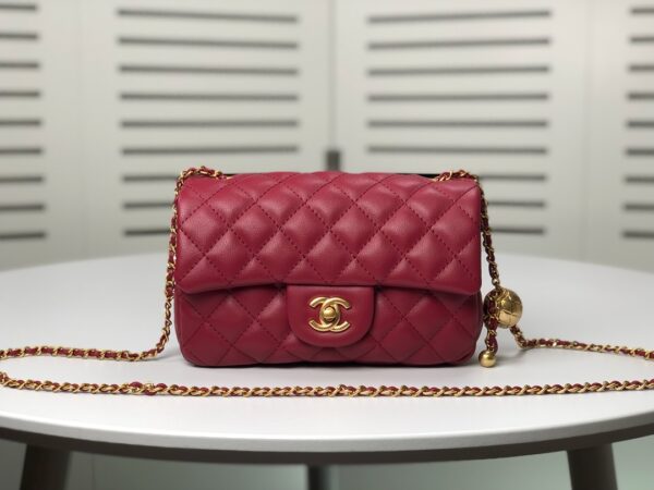 CHANEL QUILTED MINI CC RECTANGULAR PEARL CRUSH FLAP BAG RED 20CM - Image 2