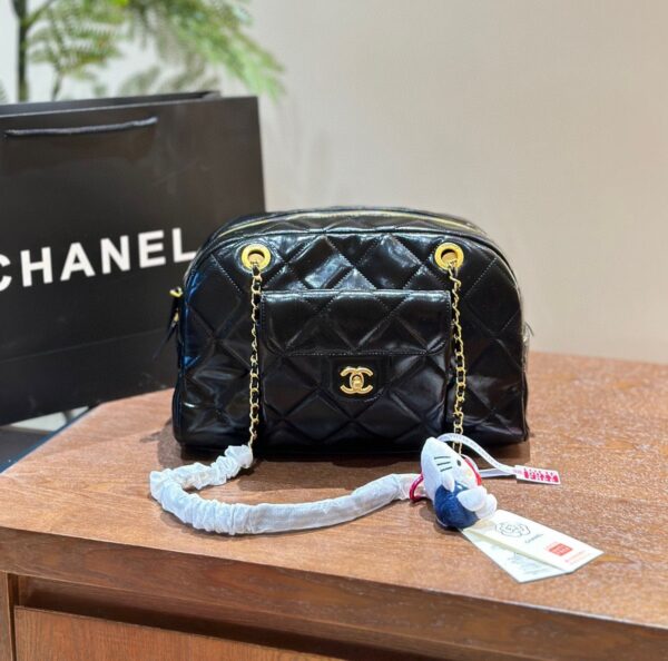 CHANEL MAXI BOWLING SHOULDER BAG WITH CHAIN IN BLACK 28CM - Image 8