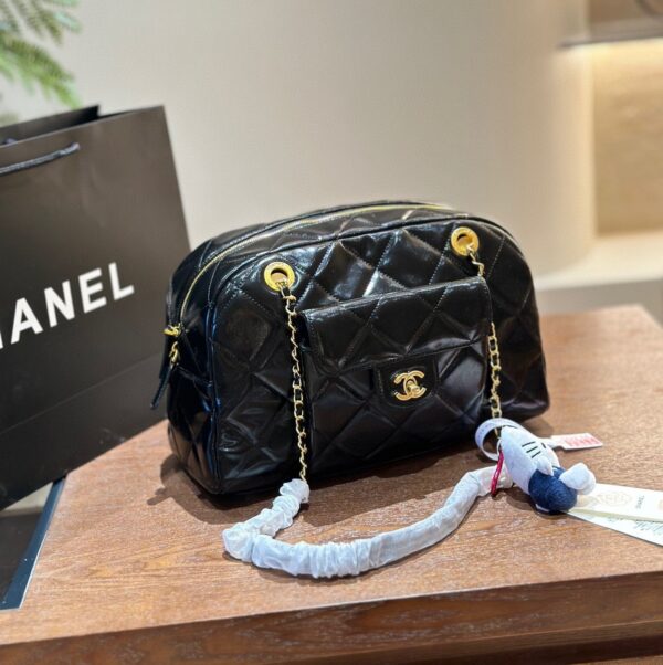 CHANEL MAXI BOWLING SHOULDER BAG WITH CHAIN IN BLACK 28CM - Image 6