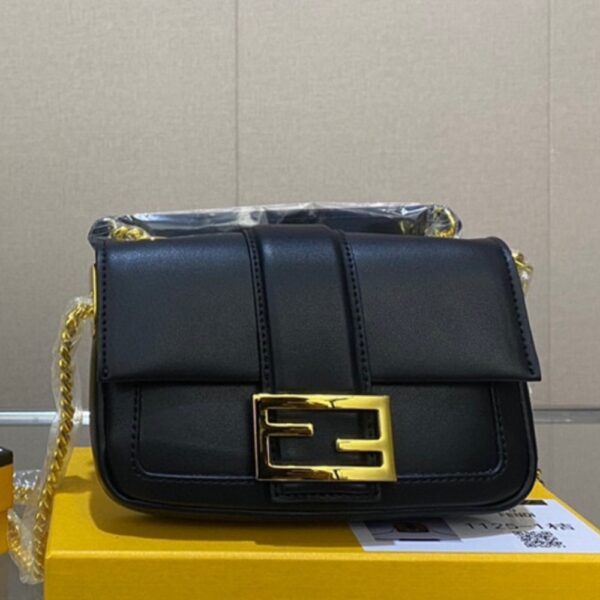 FENDI WOMEN MINI BAGUETTE CHAIN SHOULDER BAG BLACK 19CM - Image 2