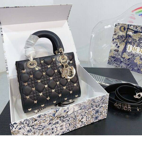 DIOR SMALL LADY DIOR BAG CANNAGE WITH GOLD FINISH BUTTERFLY STUDS BLACK 20CM M0531ONHZ M900 - Image 8