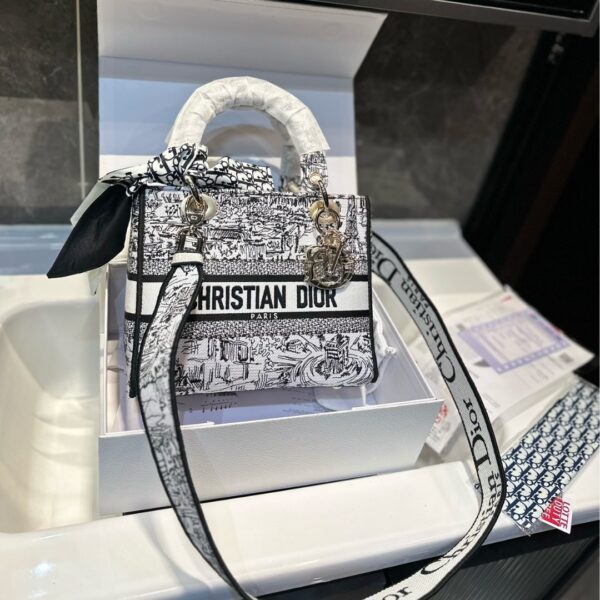 DIOR MEDIUM LADY D LITE BAG PARIS ALLOVER EMBROIDERY WHITE AND BLACK 24CM M0565OEGI M933 - Image 2