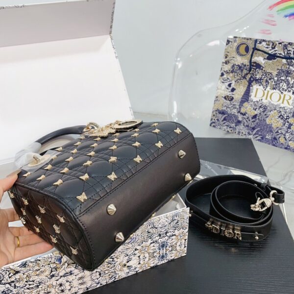 DIOR SMALL LADY DIOR BAG CANNAGE WITH GOLD FINISH BUTTERFLY STUDS BLACK 20CM M0531ONHZ M900 - Image 3